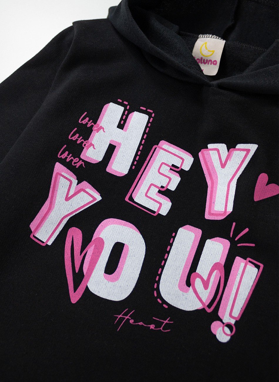 Conjunto Infantil Menina Moletom Hey You Preto 0358 - Laluna