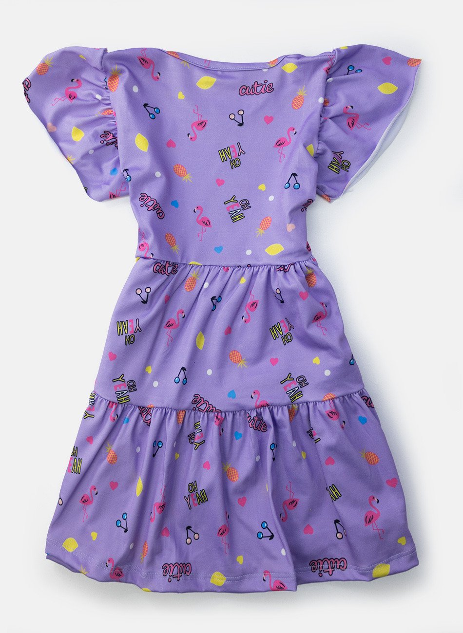 Vestido Infantil Manga Curta Flamingo Lilás 0798 - Laluna