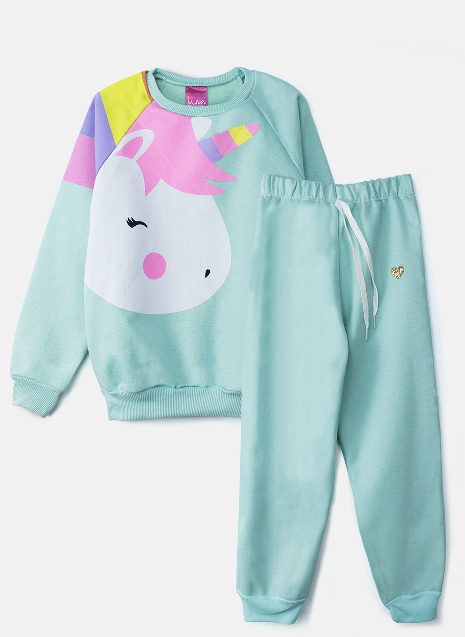 Conjunto Infantil Menina Moletom Unicórnio Verde 0005 - Laluna