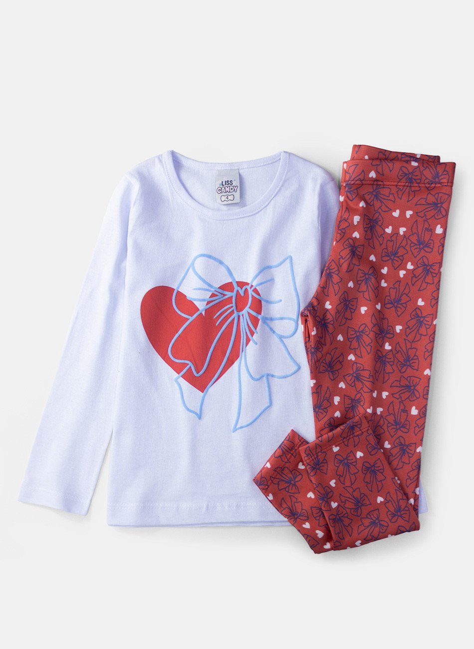 Conjunto Infantil Menina Meia Estação Coração com Laço Branco 0591 - Laluna