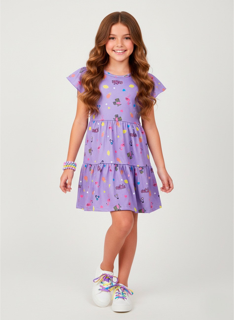 Vestido Infantil Manga Curta Flamingo Lilás 0798 - Laluna