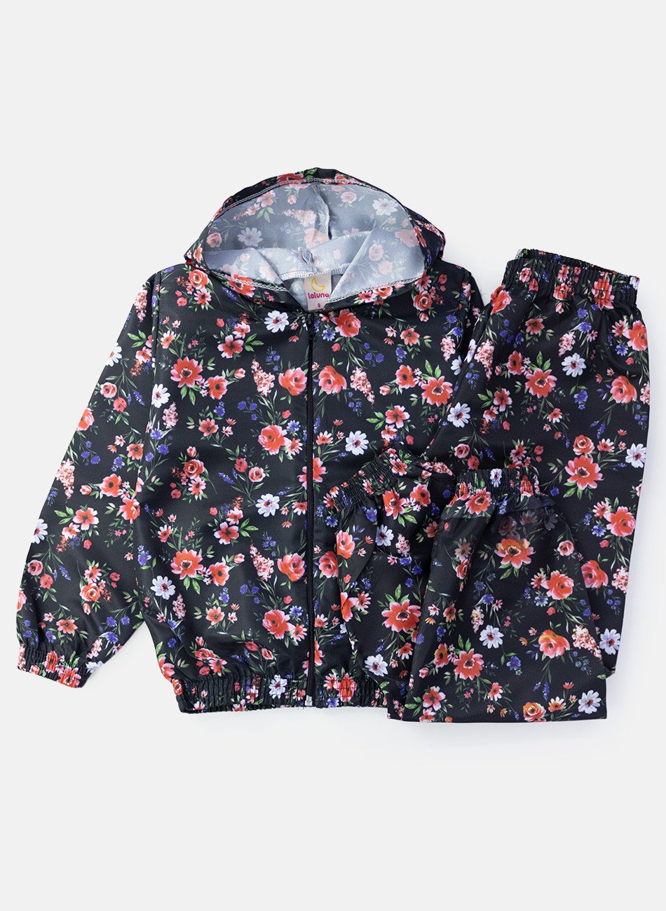 Conjunto Infantil Menina Corta Vento C/Capuz Florido Preto 137 - Laluna
