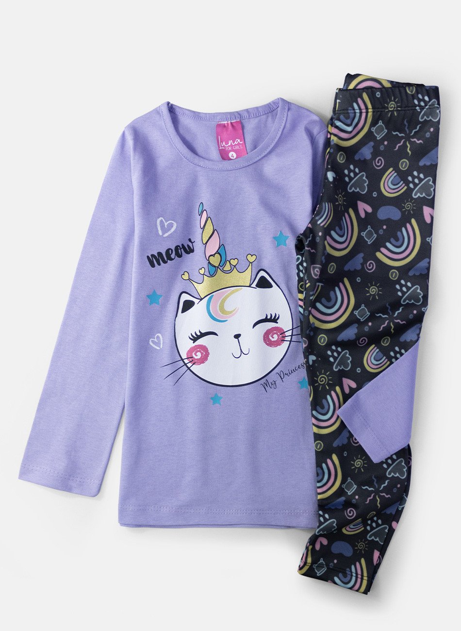 Conjunto Infantil Menina Meia Estação Gatinha Coroa Lilás 0637 - Laluna