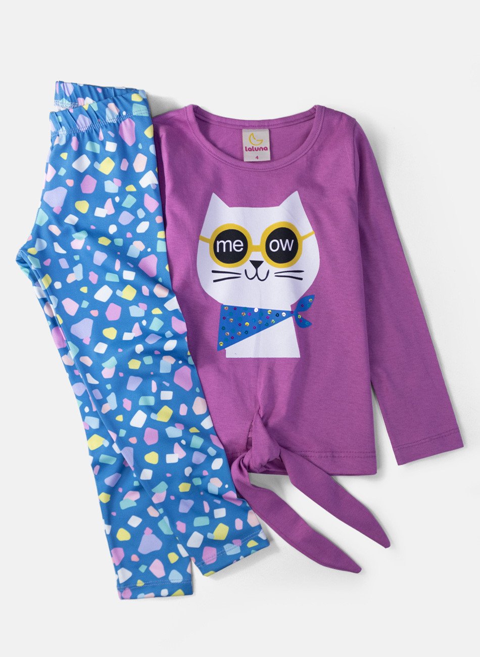 Conjunto Infantil Menina Meia Estação Gatinho Meow Orquídea 0463 - Laluna