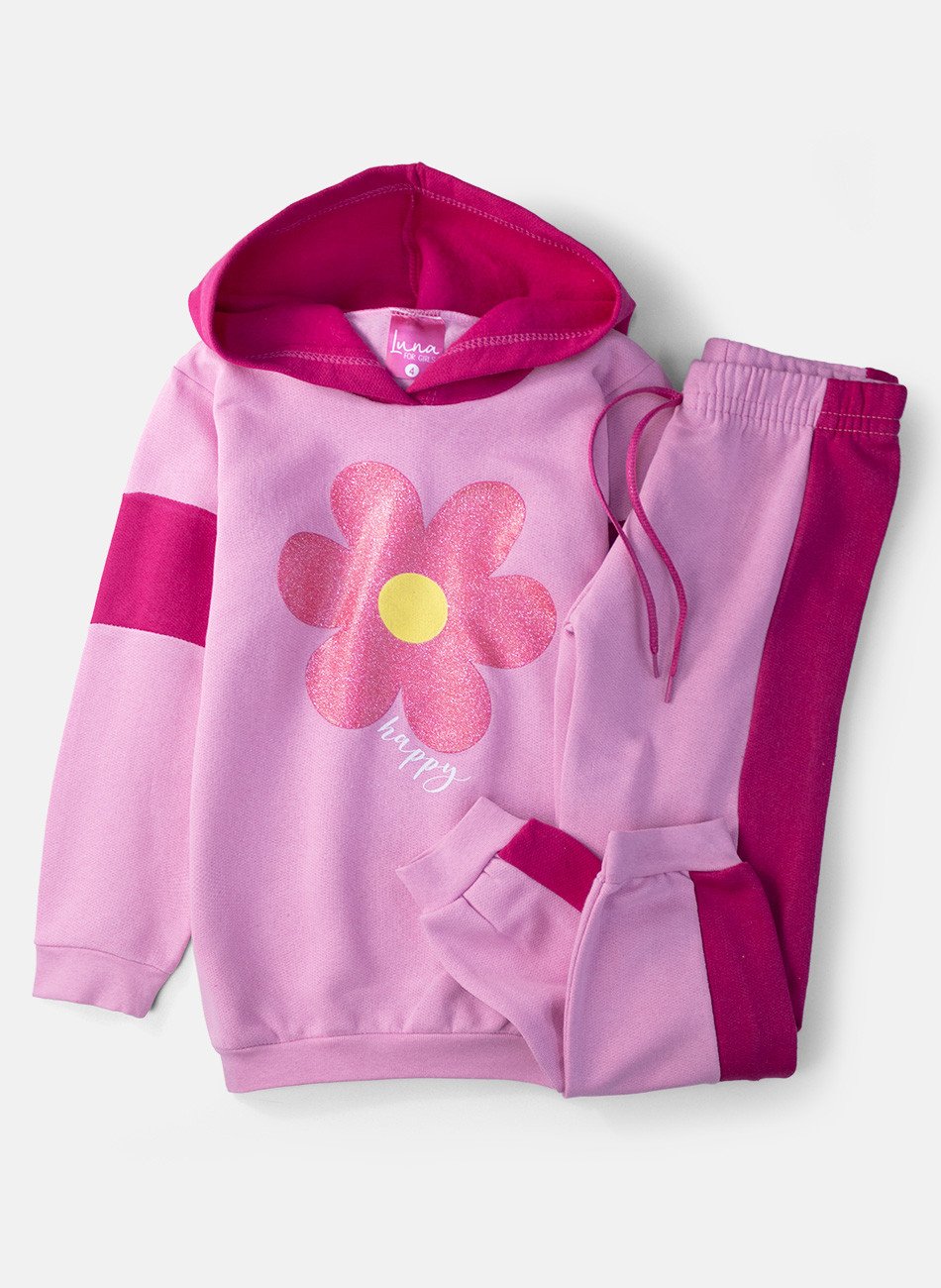 Conjunto Infantil Menina Moletom Flor Happy Rosa 0439 - Laluna