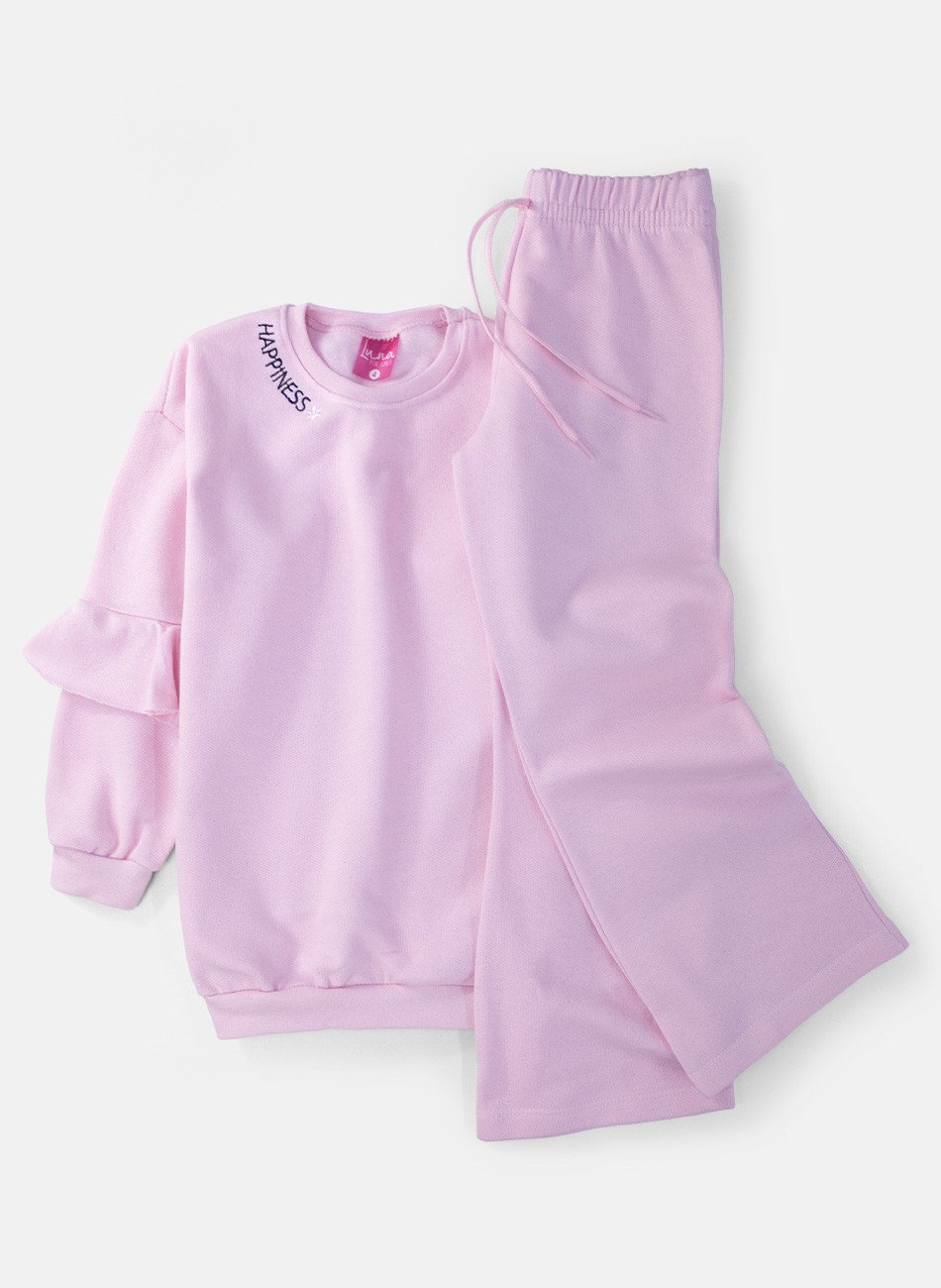 Conjunto Infantil Menina Moletom Happiness Rosa 0418 - Laluna