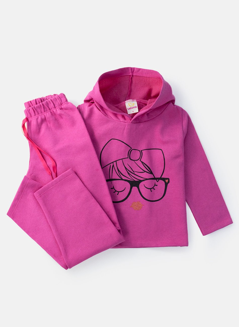 Conjunto Infantil Menina Moletom Óculos Pink 140 - Laluna