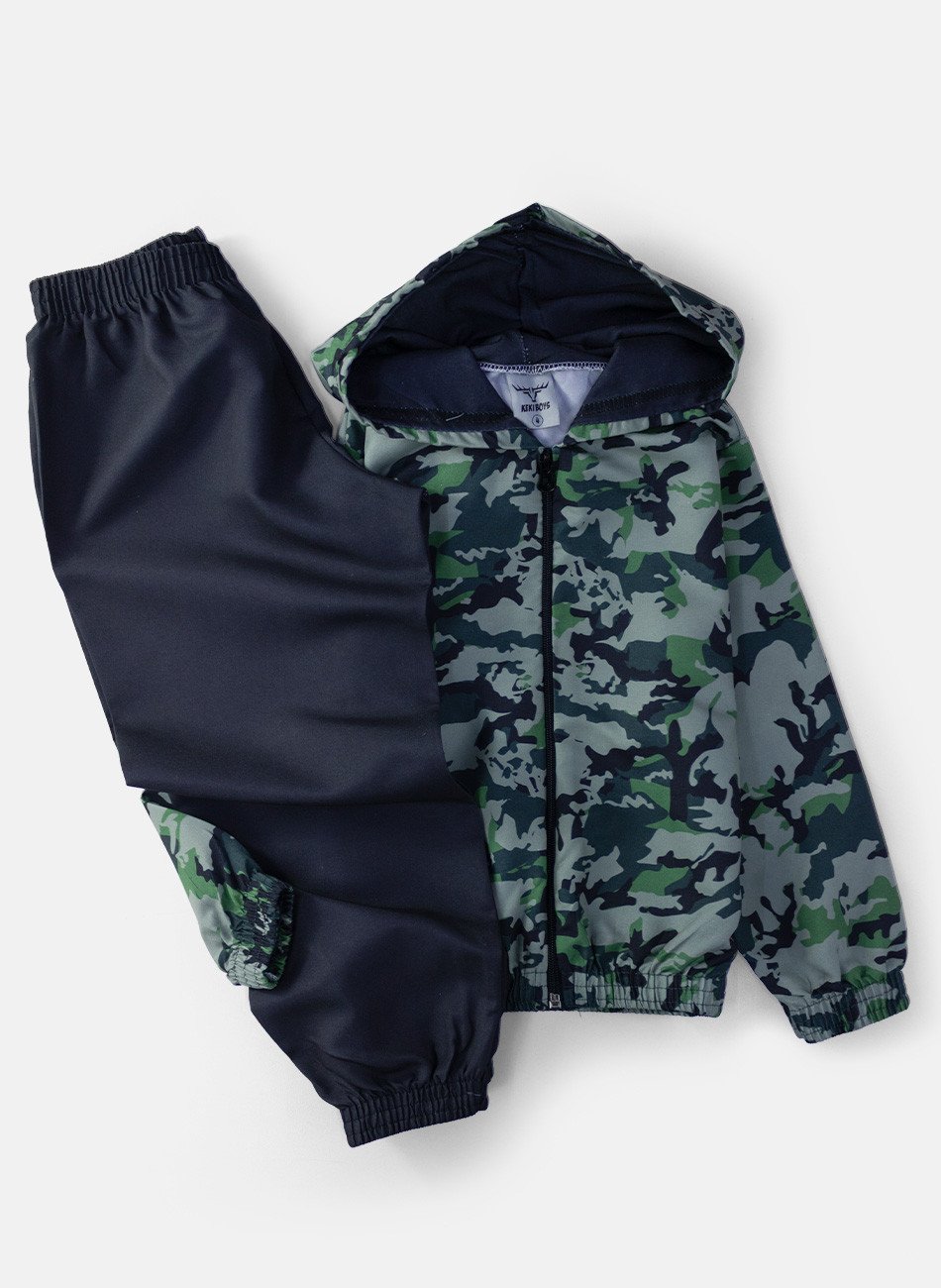 Conjunto Infantil Menino Corta Vento C/Capuz Camuflado Verde 172 - Keki Boys