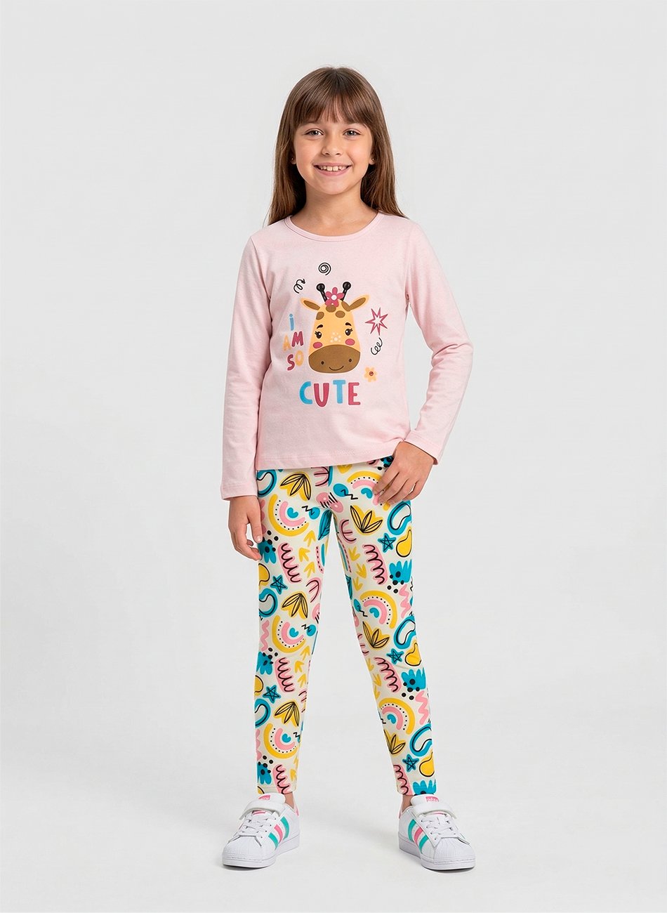 Conjunto Infantil Menina Meia Estação Cute Girafa Rosa 0629 - Laluna