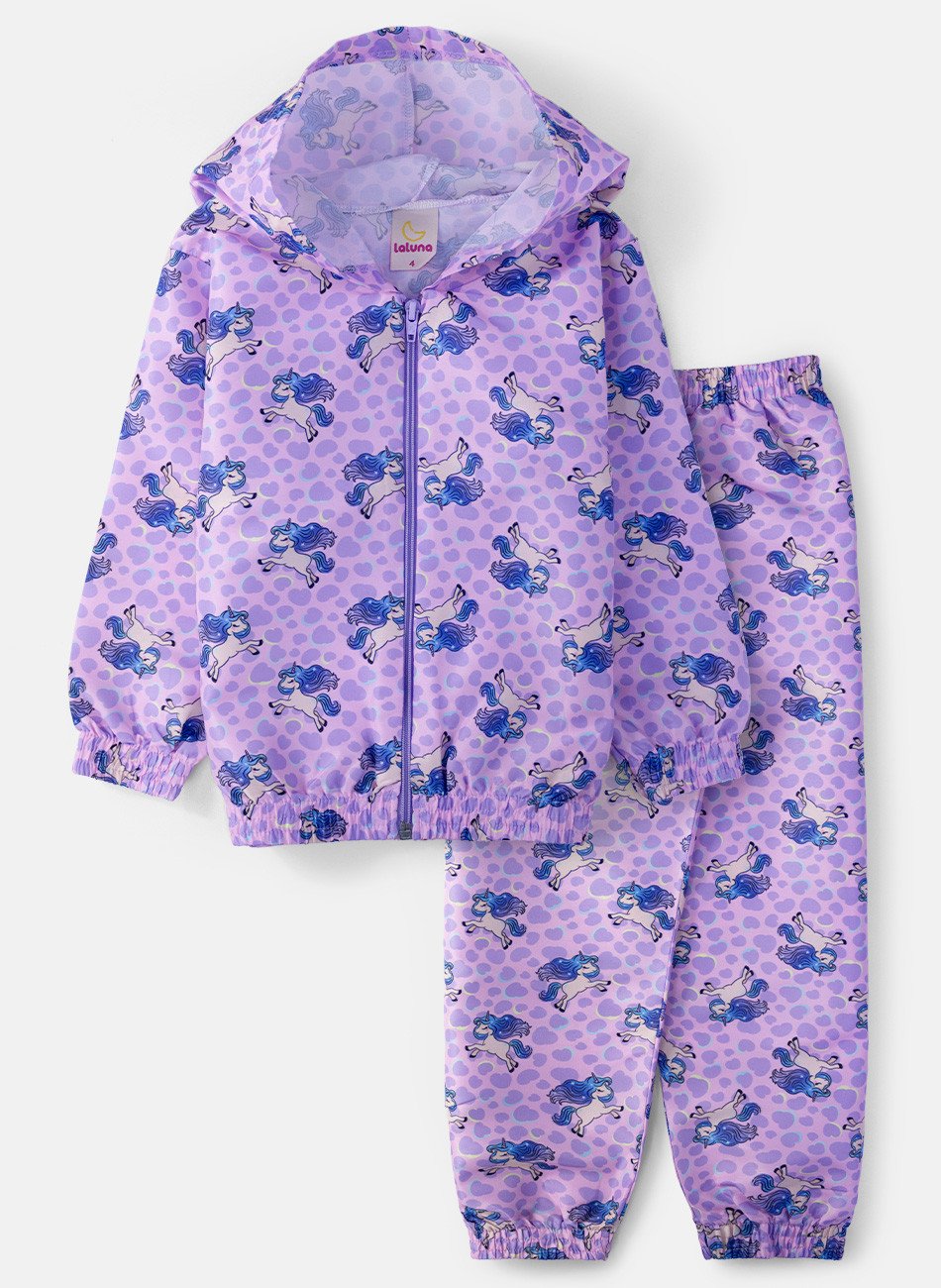Conjunto Infantil Menina Corta Vento C/Capuz Unicórnios Rosa 0361 - Laluna