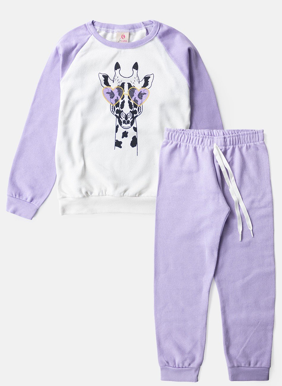 Conjunto Infantil Menina Moletom Girafa com Óculos Lilás 0045 - Laluna