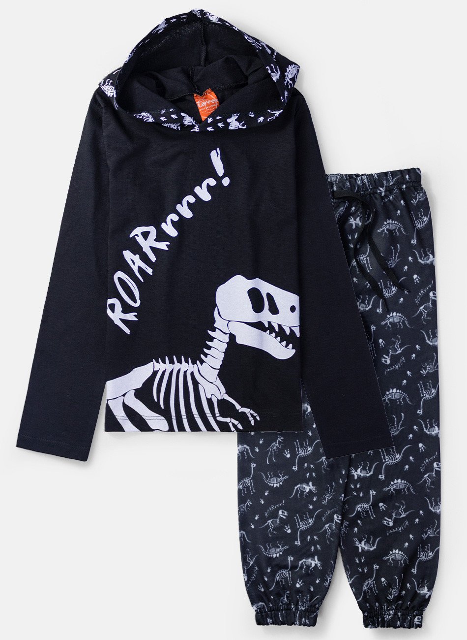 Conjunto Infantil Meia Estação Menino com Capuz Dino Roar Preto 0536 - Torrox
