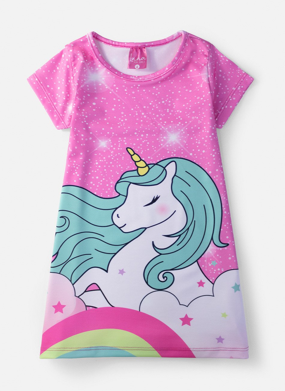 Vestido Infantil Manga Curta Unicórnio Mágico Rosa 0112- Laluna