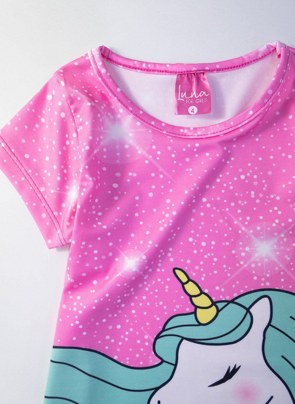 Vestido Infantil Manga Curta Unicórnio Mágico Rosa 0112- Laluna