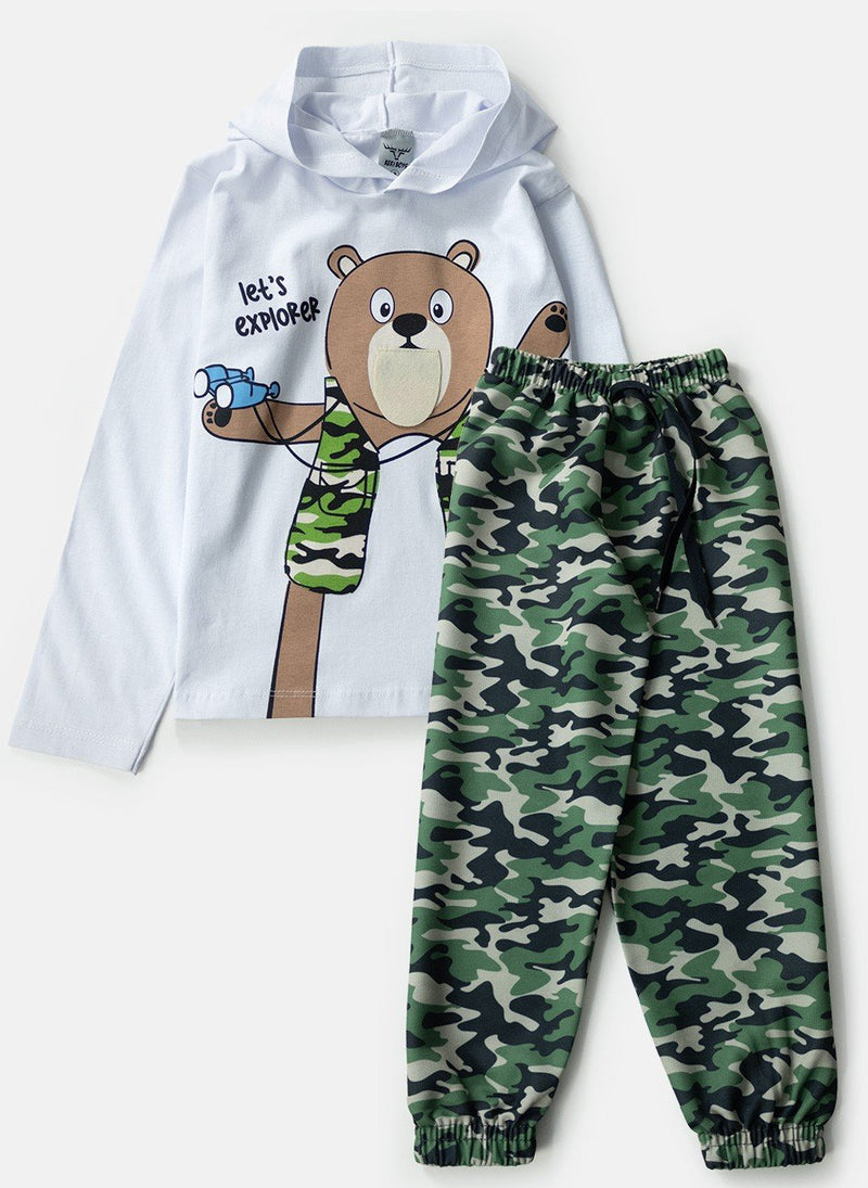 Conjunto Infantil Meia Estação Menino C/Capuz Urso Binóculo Branco 0138 - Keki Boys