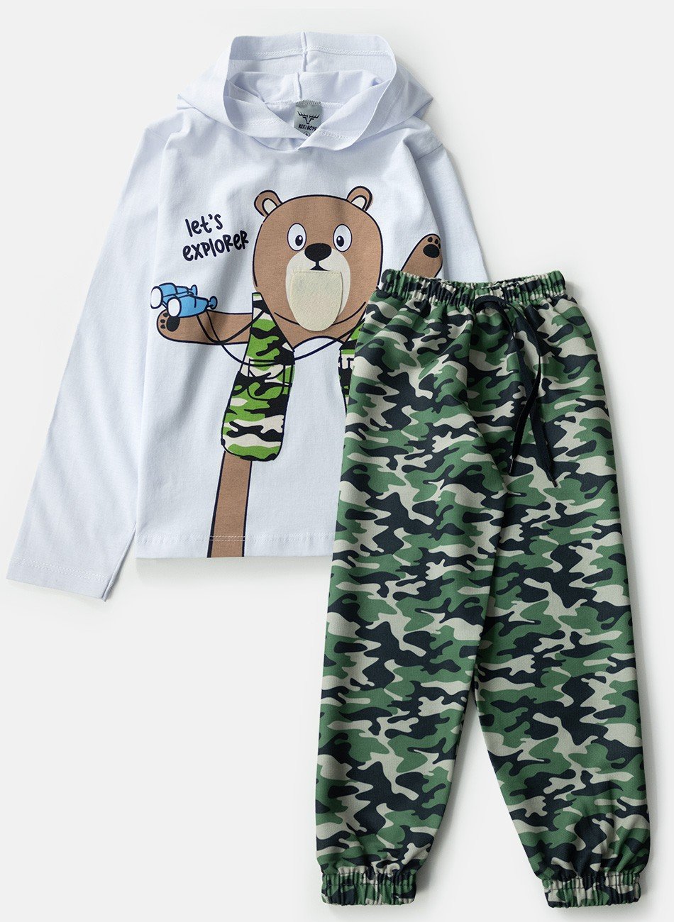 Conjunto Infantil Meia Estação Menino C/Capuz Urso Binóculo Branco 0138 - Keki Boys