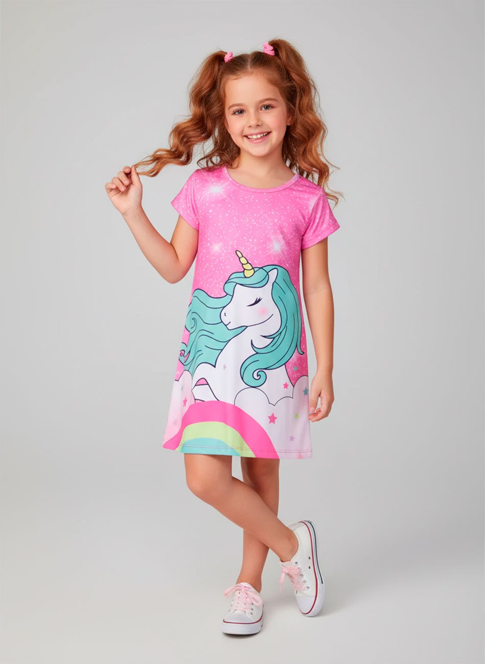 Vestido Infantil Manga Curta Unicórnio Mágico Rosa 0112- Laluna