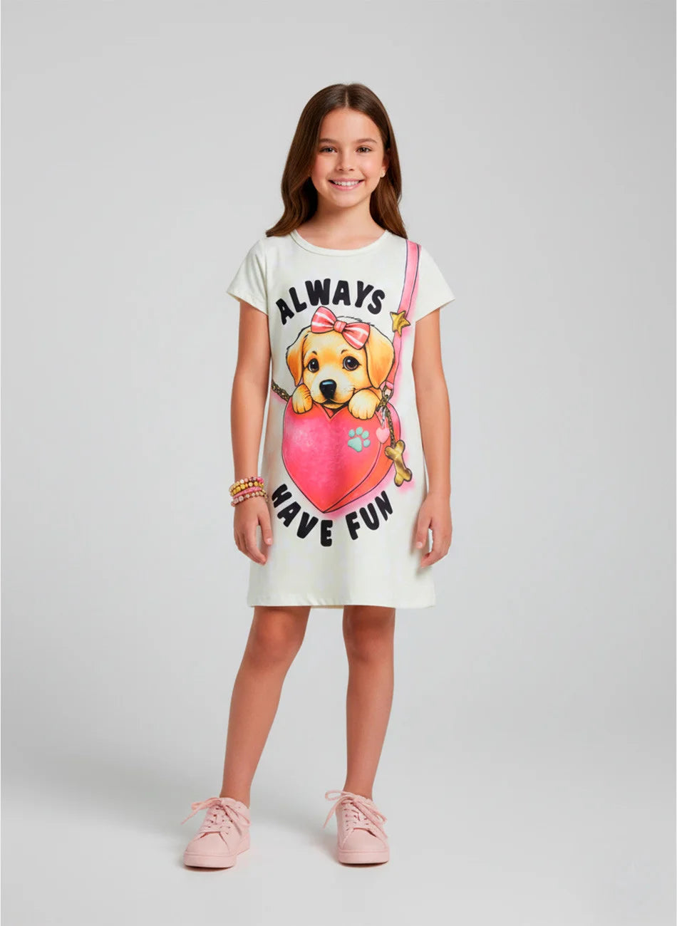 Vestido Infantil Manga Curta Always Have Fun Creme 234 - Laluna