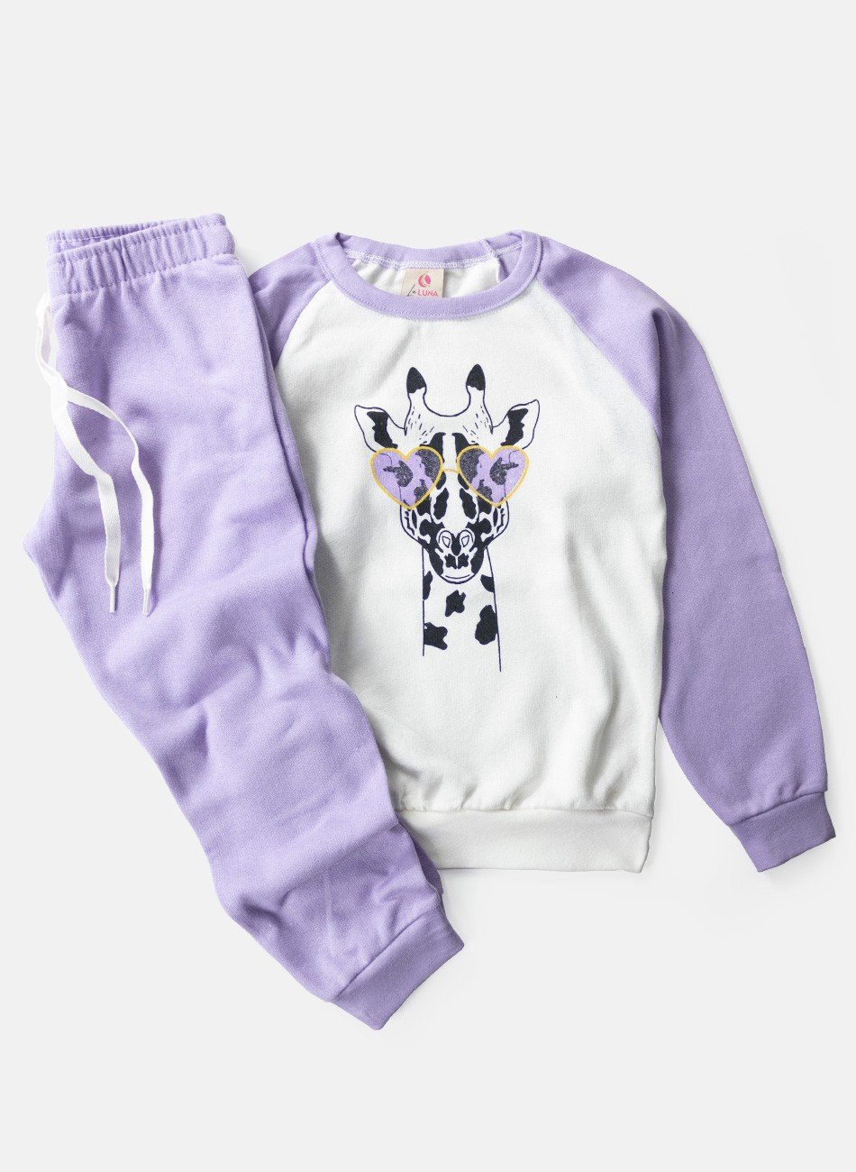Conjunto Infantil Menina Moletom Girafa com Óculos Lilás 0045 - Laluna