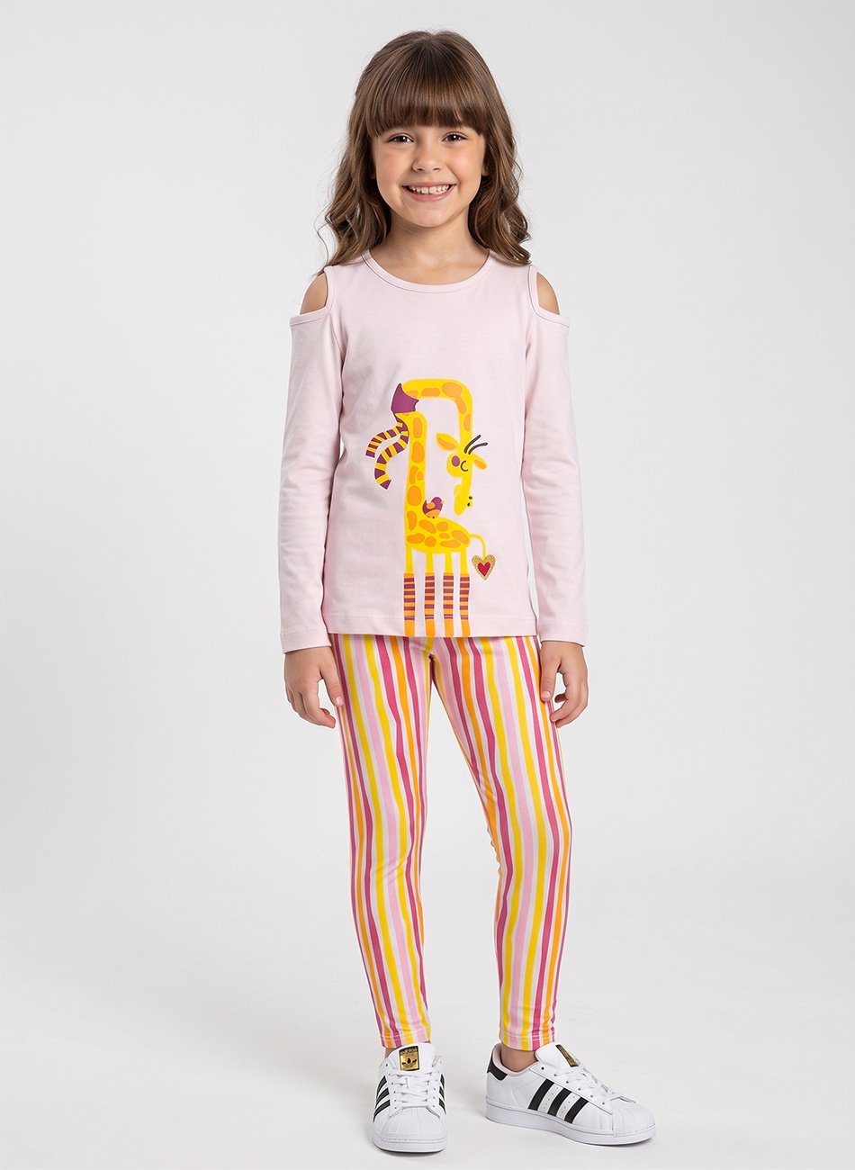 Conjunto Infantil Menina Meia Estação Girafa Rosa Bebê 354 - Laluna