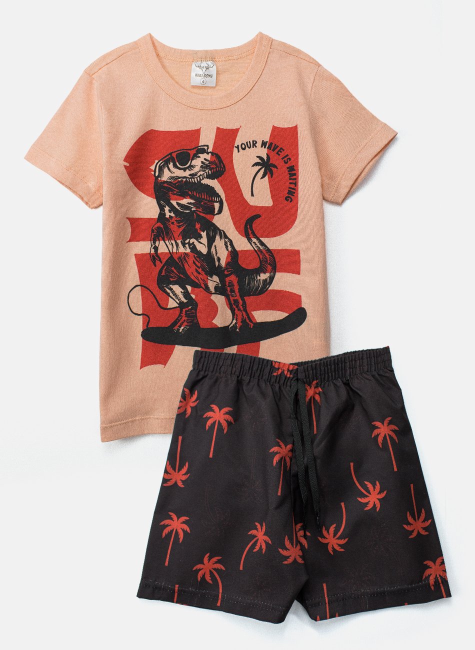 Conjunto Infantil Menino T-Rex Surf Coral 0427 - Keki Boys