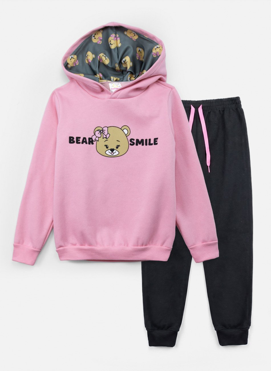 Conjunto Infantil Menina Moletom Bear Smile Rosa - Laluna