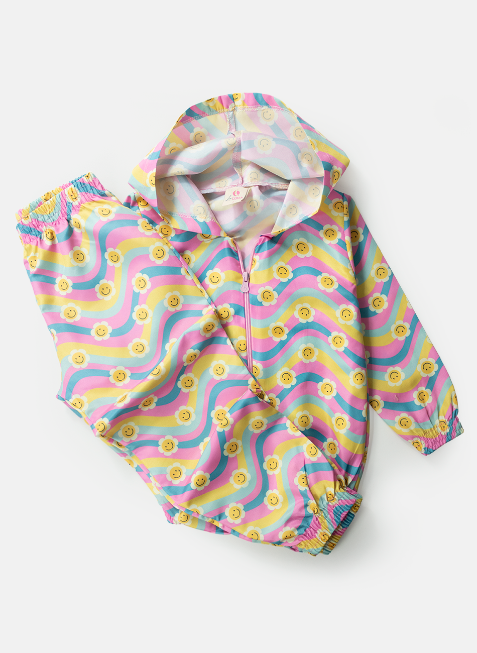 Conjunto Infantil Menina Corta Vento C/Capuz Margaridas Rosa 0184 - Laluna