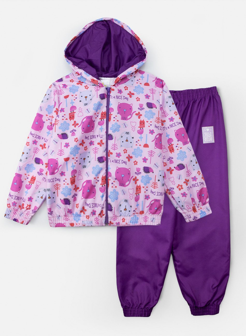 Conjunto Infantil Menina Corta Vento C/Capuz Gatinho Rosa Bebê 331 - Laluna