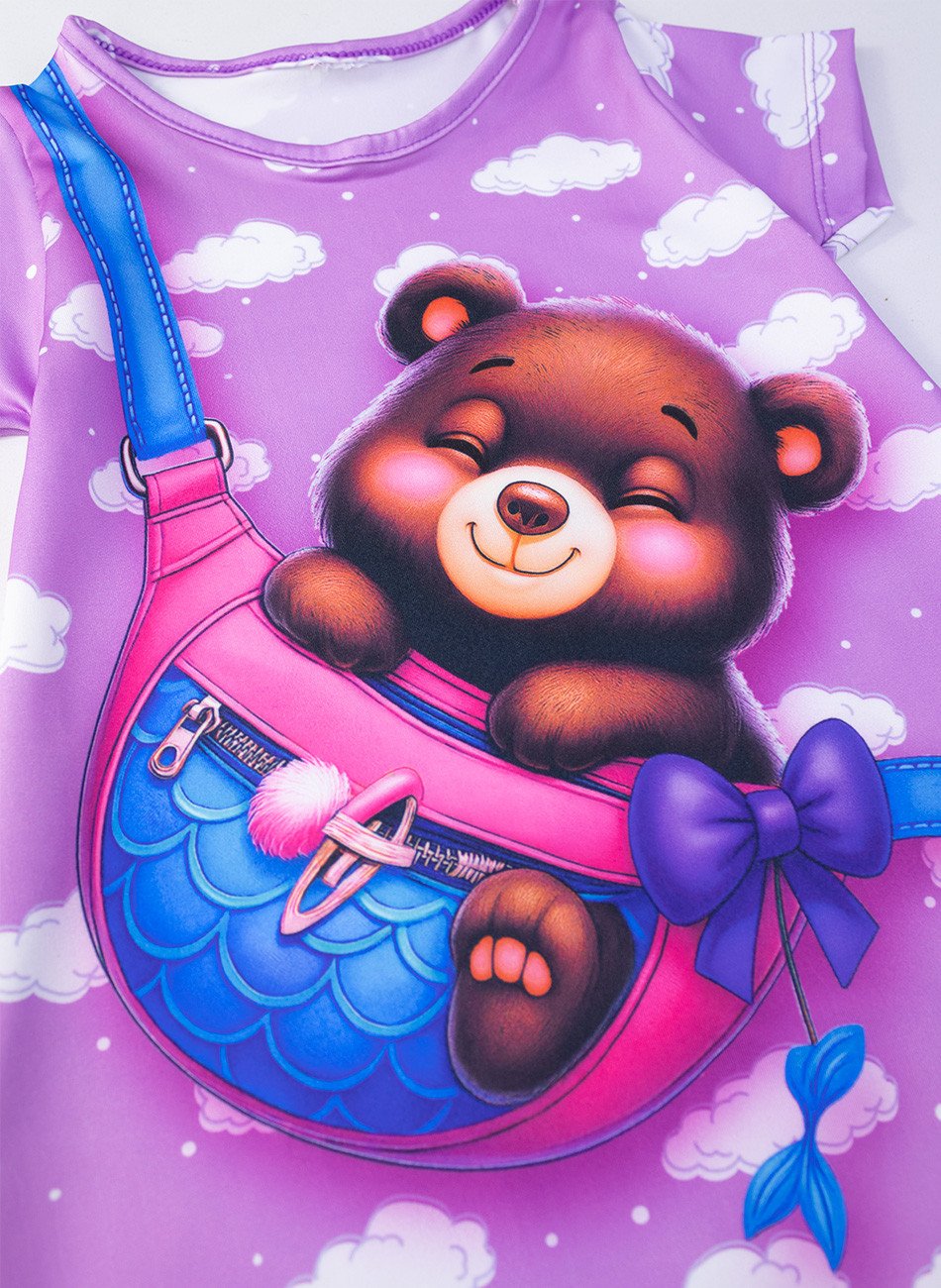Vestido Infantil Manga Curta Urso e Bolsa Lilás 220 - Laluna