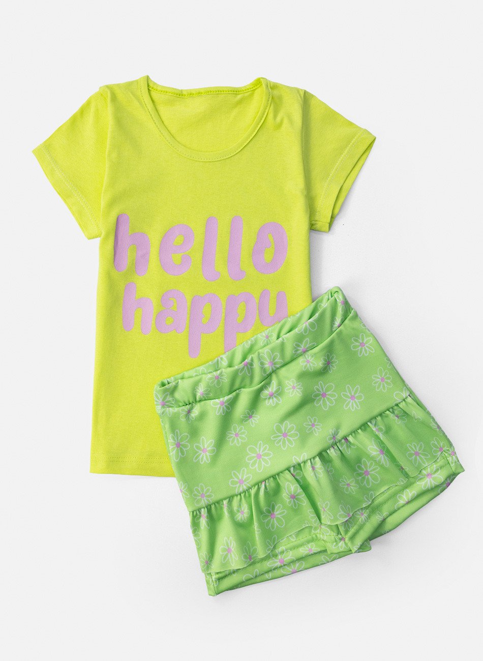 Conjunto Infantil Menina Hello Happy Flores Amarelo Lima 0653 - Laluna