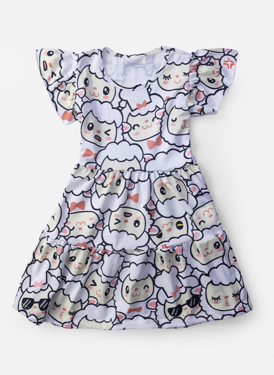 Vestido Infantil Manga Curta Ovelhas Branco 219 - Laluna