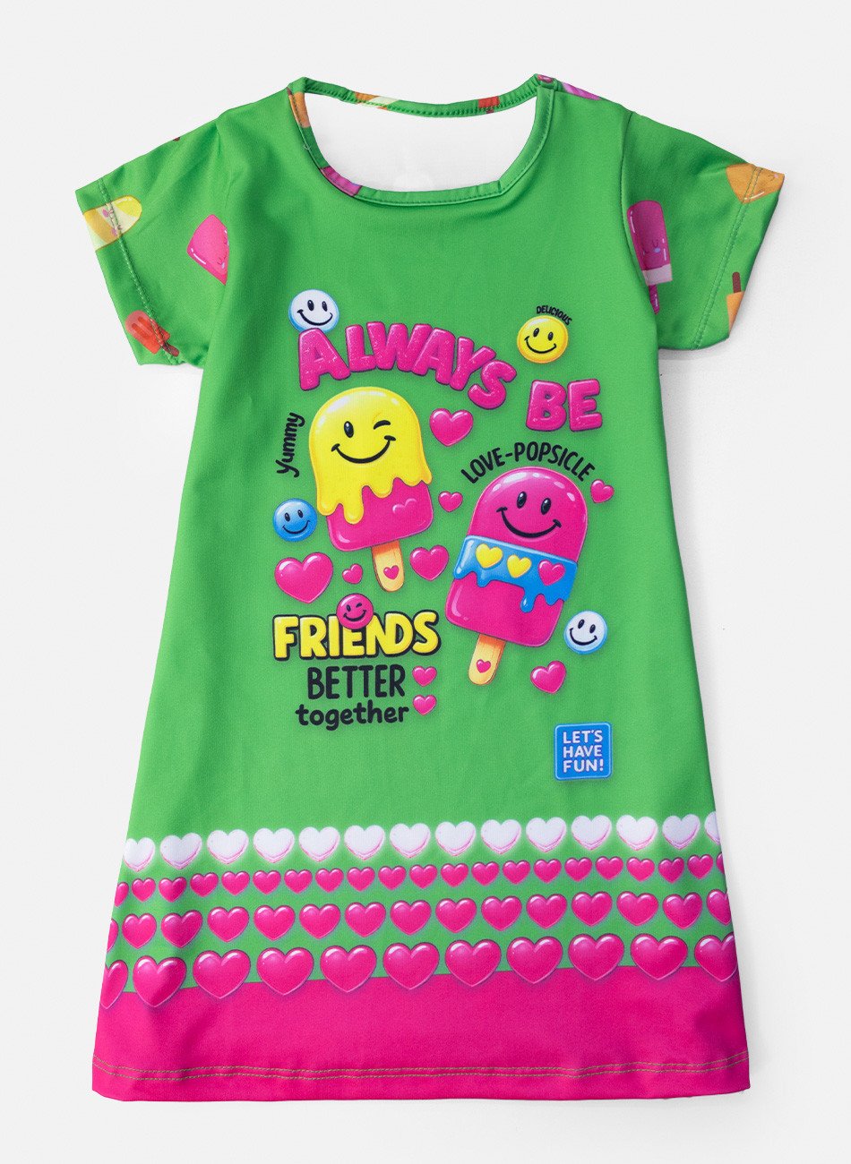 Vestido Infantil Manga Curta Always Be Picolés Verde 214 - Laluna
