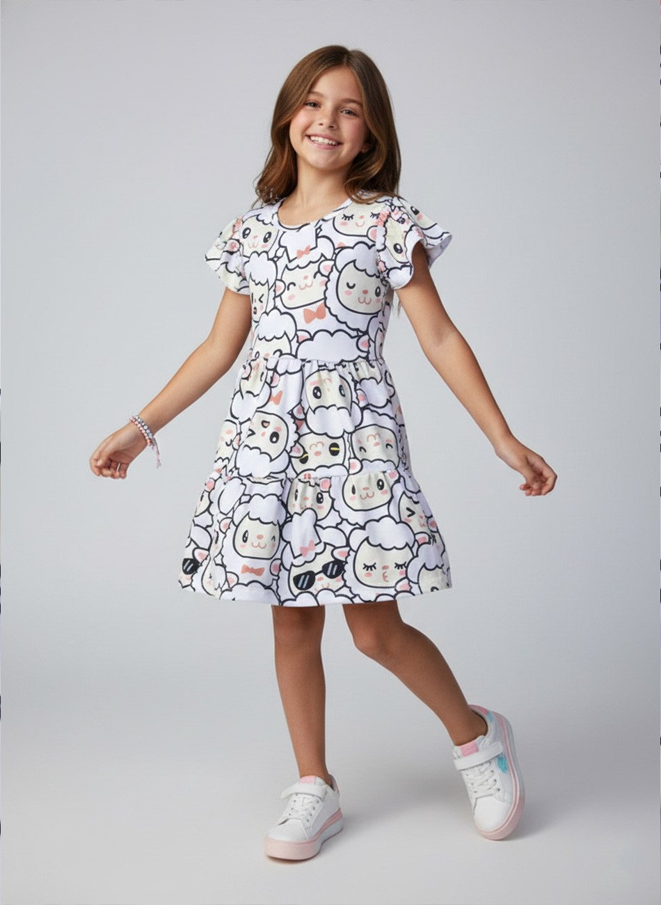 Vestido Infantil Manga Curta Ovelhas Branco 219 - Laluna