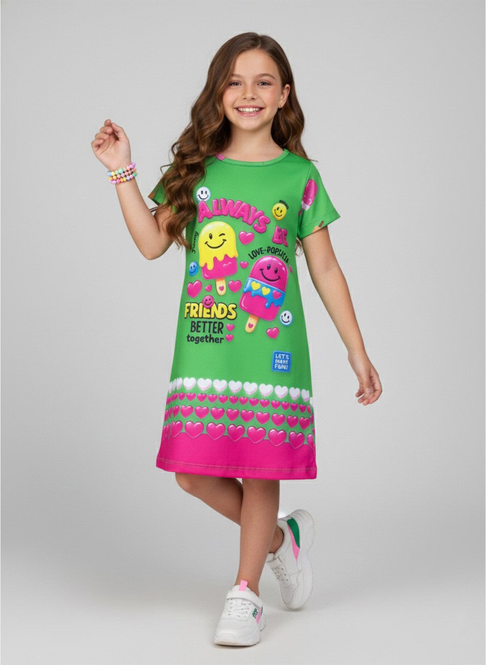 Vestido Infantil Manga Curta Always Be Picolés Verde 214 - Laluna
