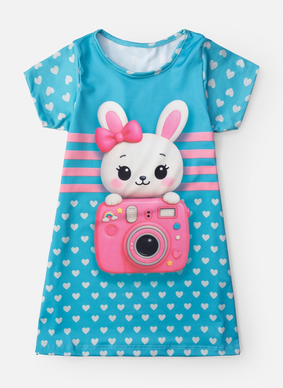 Vestido Infantil Manga Curta Coelha de Câmera Verde 218 - Laluna