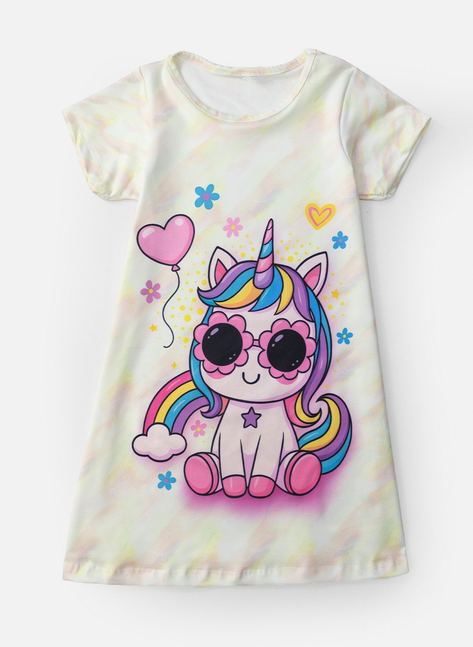 Vestido Infantil Manga Curta Unicórnio Creme 233 - Laluna