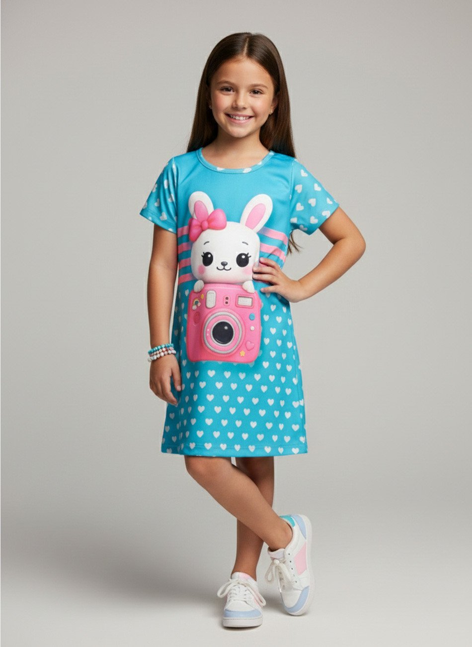 Vestido Infantil Manga Curta Coelha de Câmera Verde 218 - Laluna