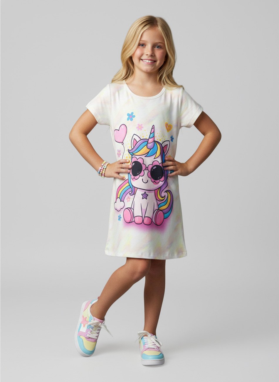Vestido Infantil Manga Curta Unicórnio Creme 233 - Laluna