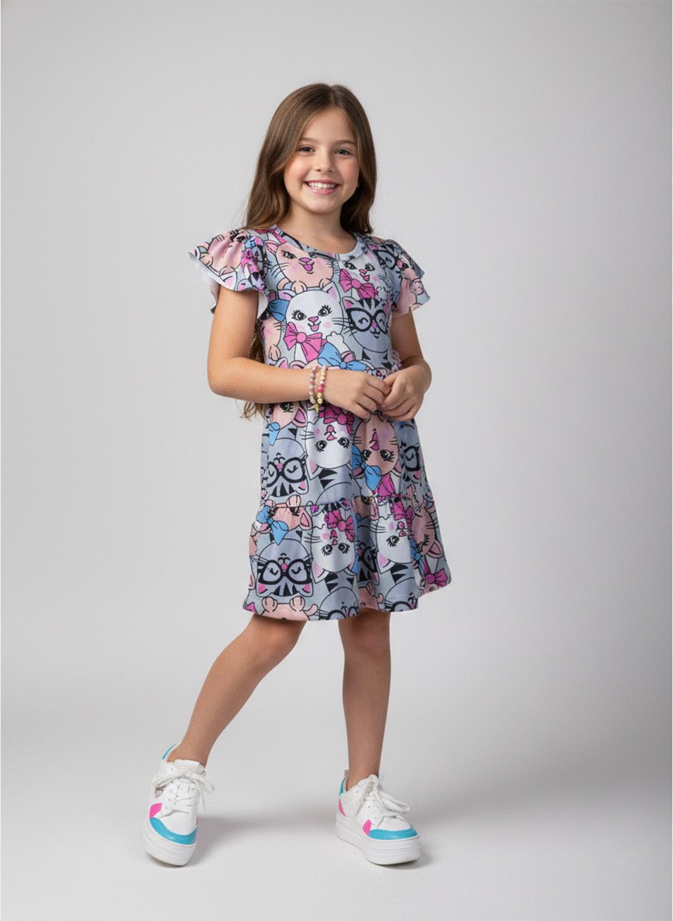 Vestido Infantil Manga Curta Gatas de Óculos e Laços Multicolorido 212 - Laluna