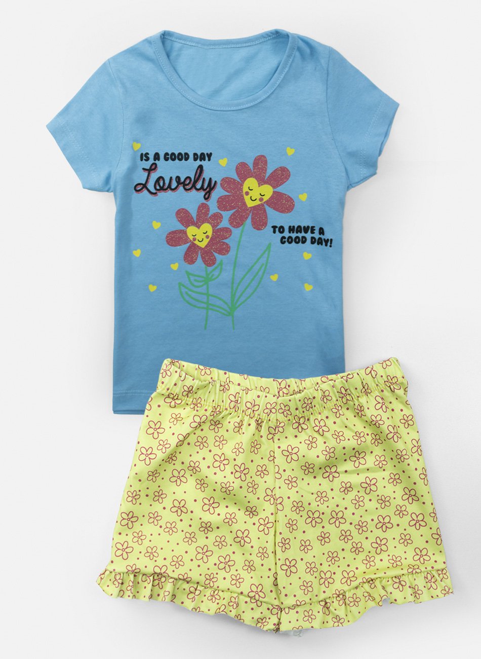 Conjunto Infantil Menina Lovely Flores Azul Bebê 0665 - Laluna