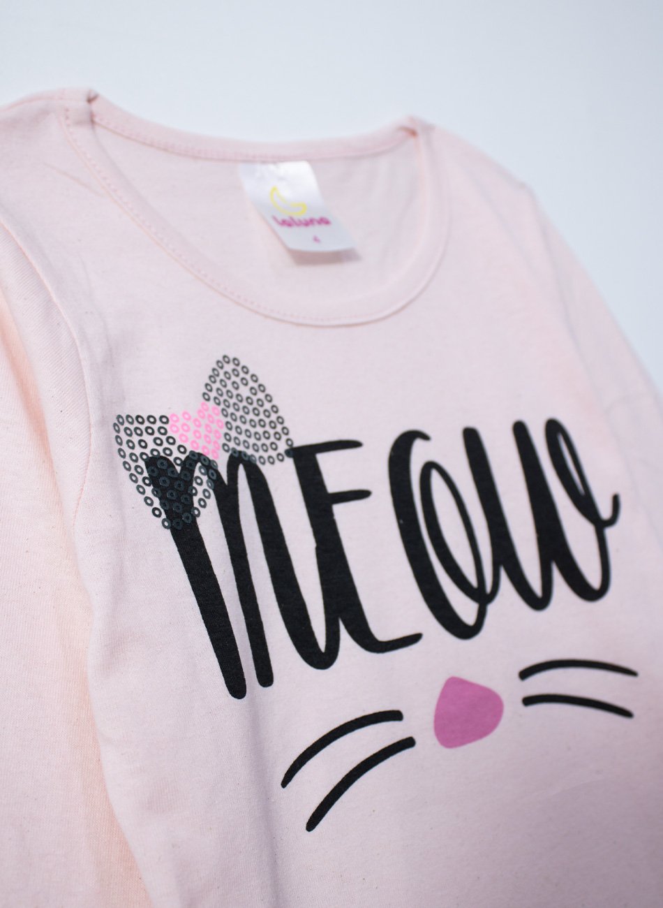 Conjunto Infantil Menina Meia Estação Rosa Meow de Laço 396 - Laluna