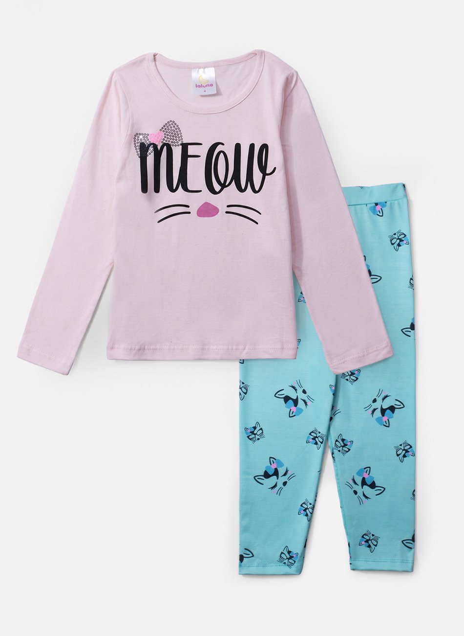 Conjunto Infantil Menina Meia Estação Rosa Meow de Laço 396 - Laluna