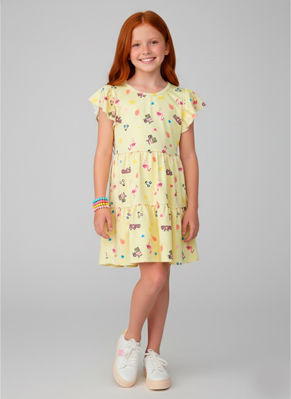 Vestido Infantil Manga Curta Flamingo Amarelo 0798 - Laluna
