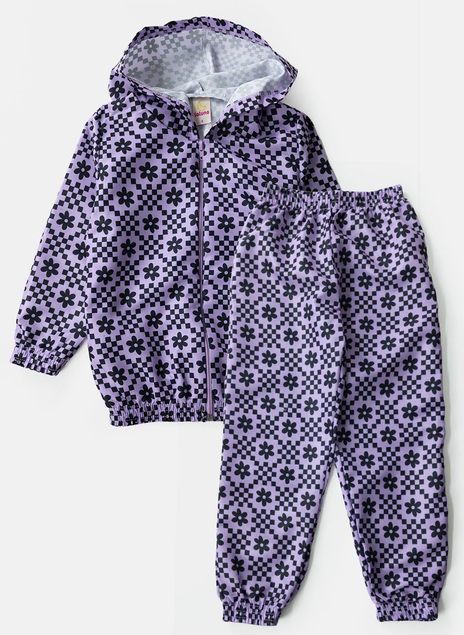 Conjunto Infantil Menina Corta Vento C/Capuz Florido Lilás 0185 - Laluna