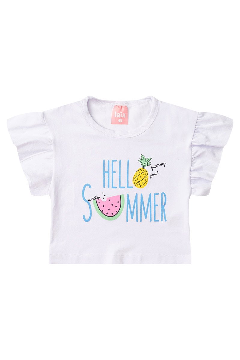Conjunto Infantil Menina Cropped Verão Com Babado na Manga Iaia 100% Algodão – Camiseta e Shorts Branco