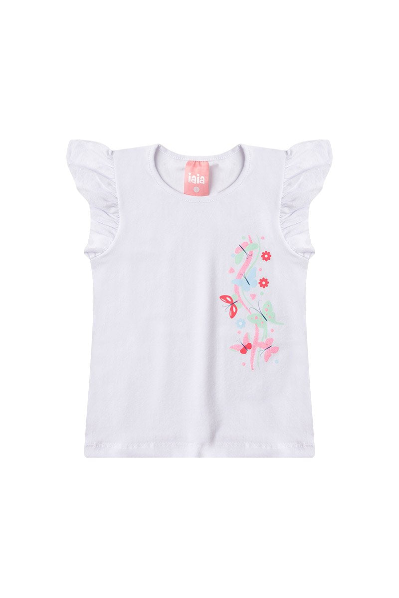 Conjunto Infantil Menina Verão Borboletas Com Babado na Manga Iaia 100% Algodão Branco