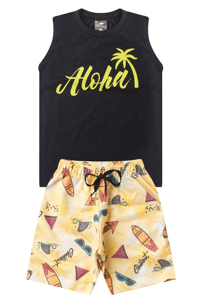 Conjunto Infantil Menino Verão Regata Aloha Kangulu Preto
