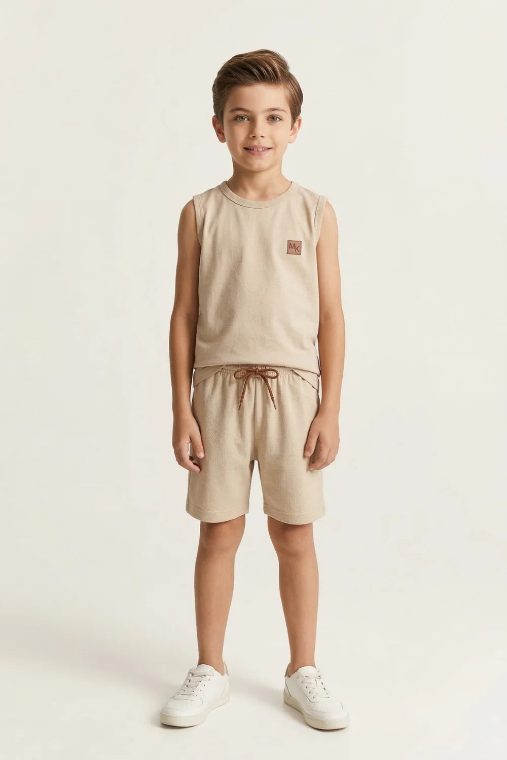 Conjunto Infantil Verão Masculino Regata Plaquinha Mega Kids - Bege