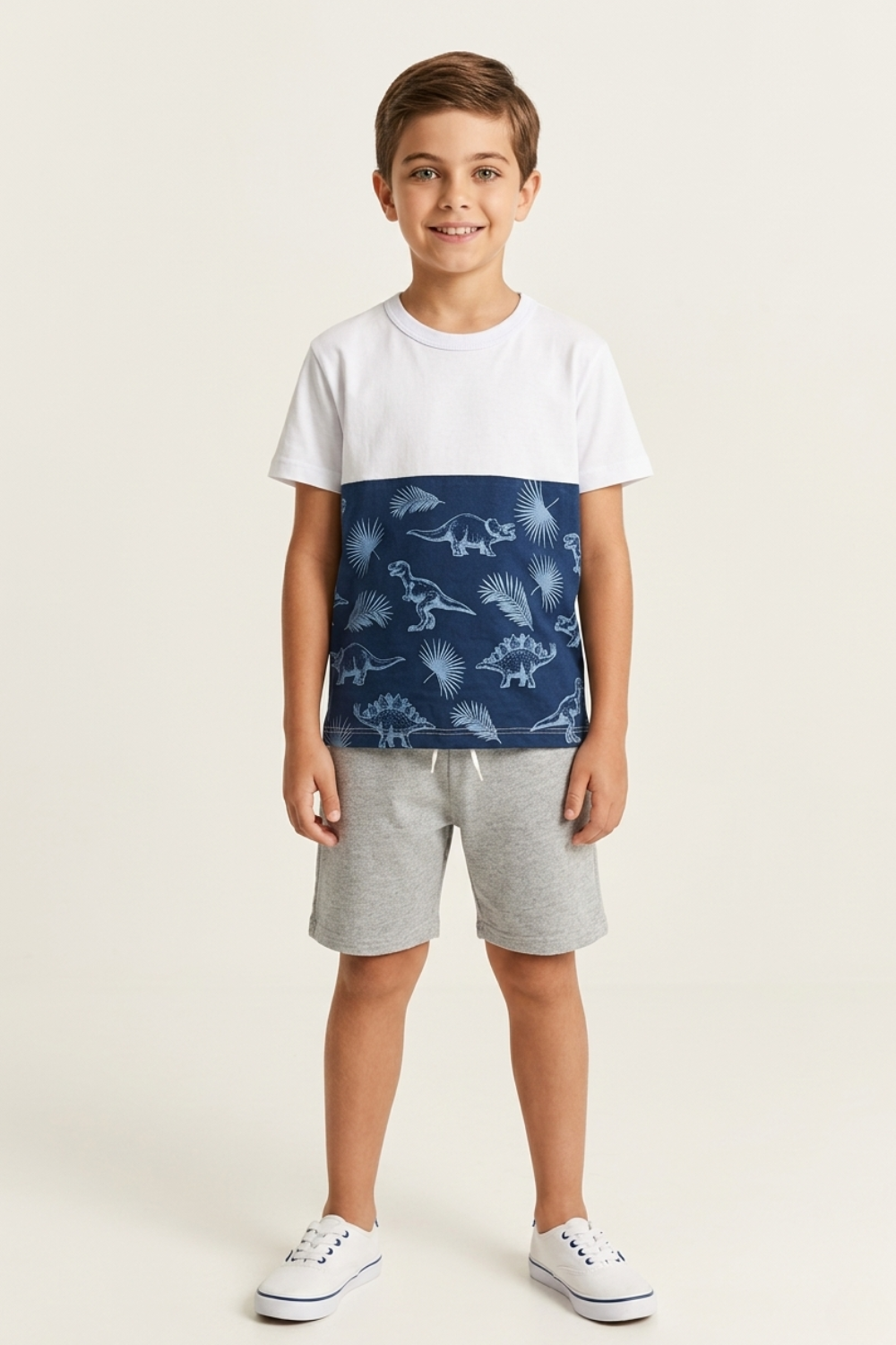 Conjunto Infantil Verão Masculino Recortes Dinossauro - Branco