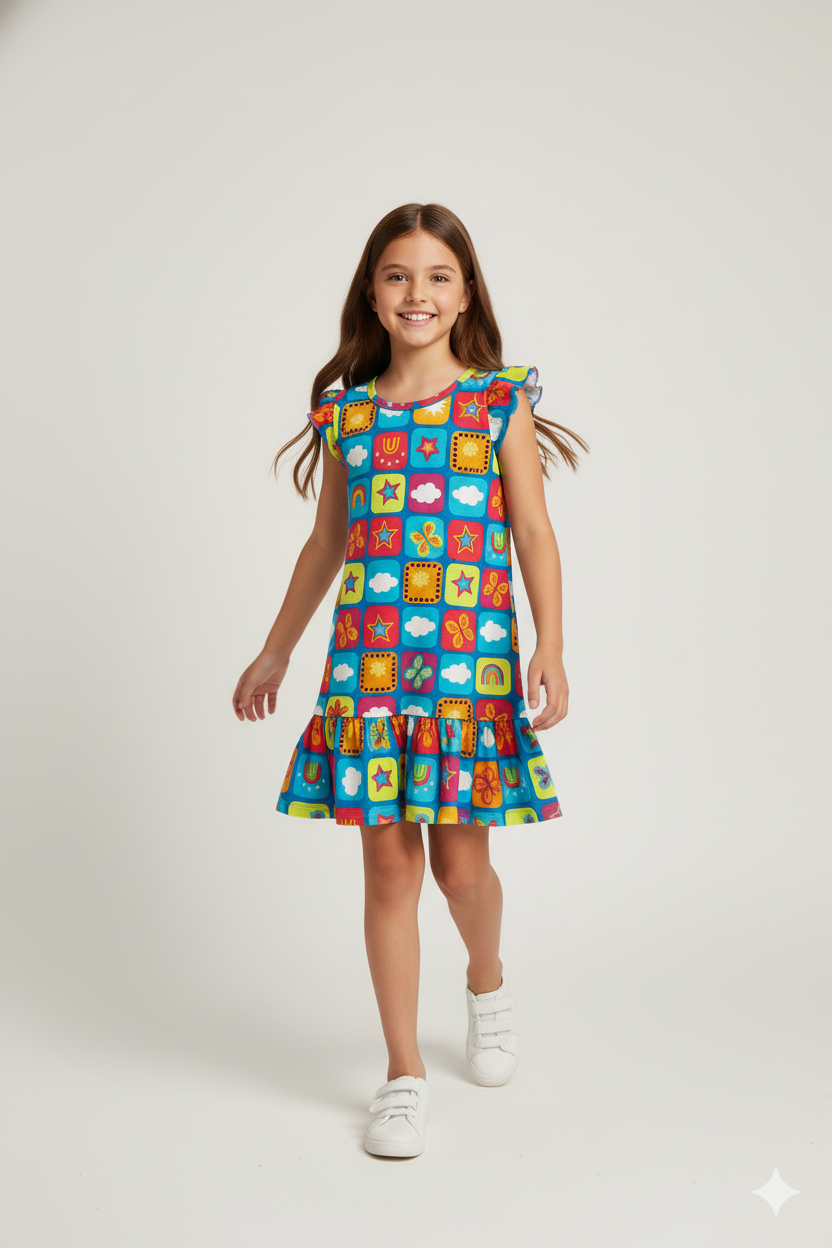 Vestido Infantil Verão Feminino Arco-íris - Azul